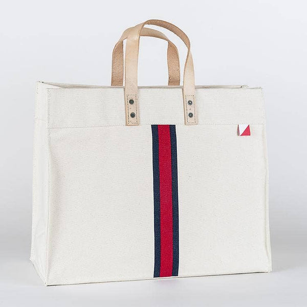 Striped Box Heavy Canvas Tote Bag with Leather Handles: Red Stripe