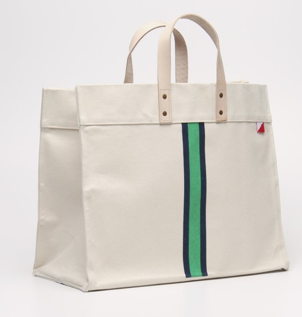 Striped Box Heavy Canvas Tote Bag with Leather Handles: Green Stripe