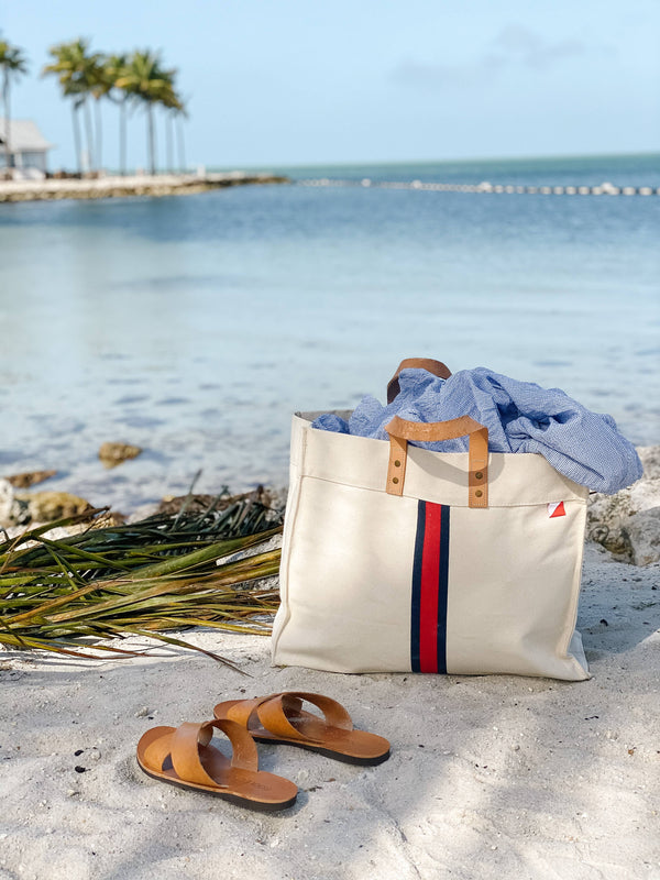 Striped Box Heavy Canvas Tote Bag with Leather Handles: Red Stripe