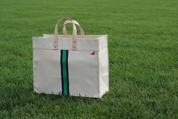 Striped Box Heavy Canvas Tote Bag with Leather Handles: Green Stripe