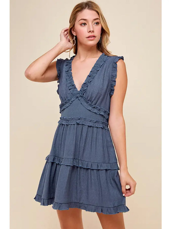 Ruffle Detailed Minidress - Dusty Navy