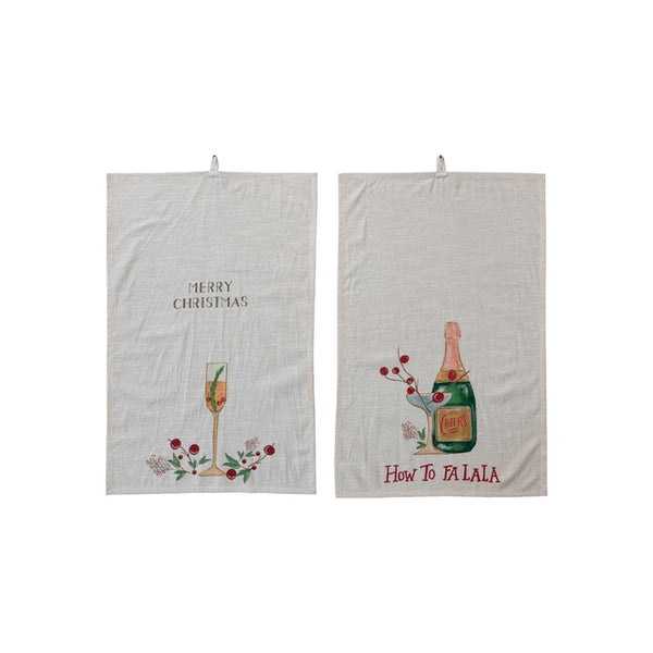 Cotton Slub Printed Tea Towel w/ Holiday Cocktail, Saying & Loop