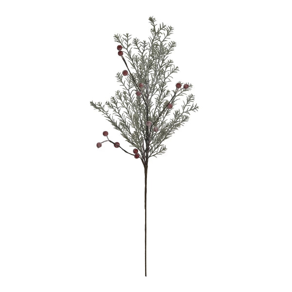 Faux Evergreen Pick w/ Red Berries, Frost Finish